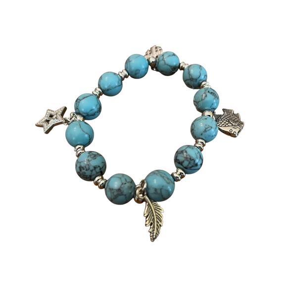 Beaded Stretch Silvertone Fish Feather Star Jerusalem Cross Bracelet Blue NWOT - Picture 4 of 12